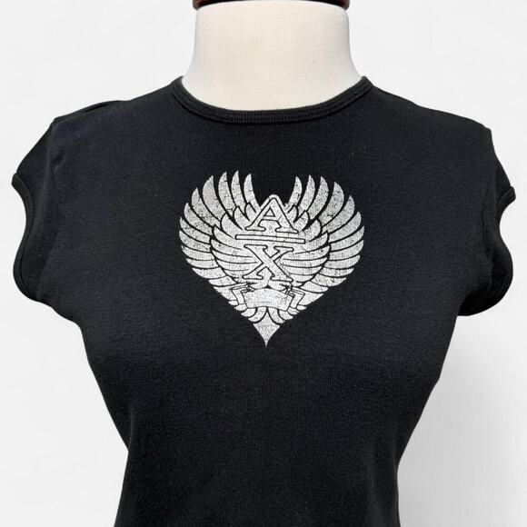 Y2K Punk Baby Tee - Size S - Armani Exchange - Black Heart Logo Cap Sleeve Top - Picture 2 of 8